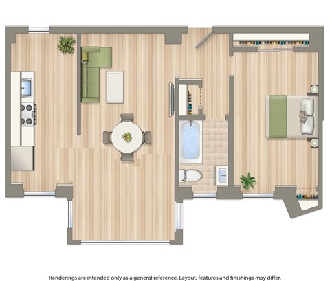 Floor plan for 1 bed, 1 bath, 683 sqft